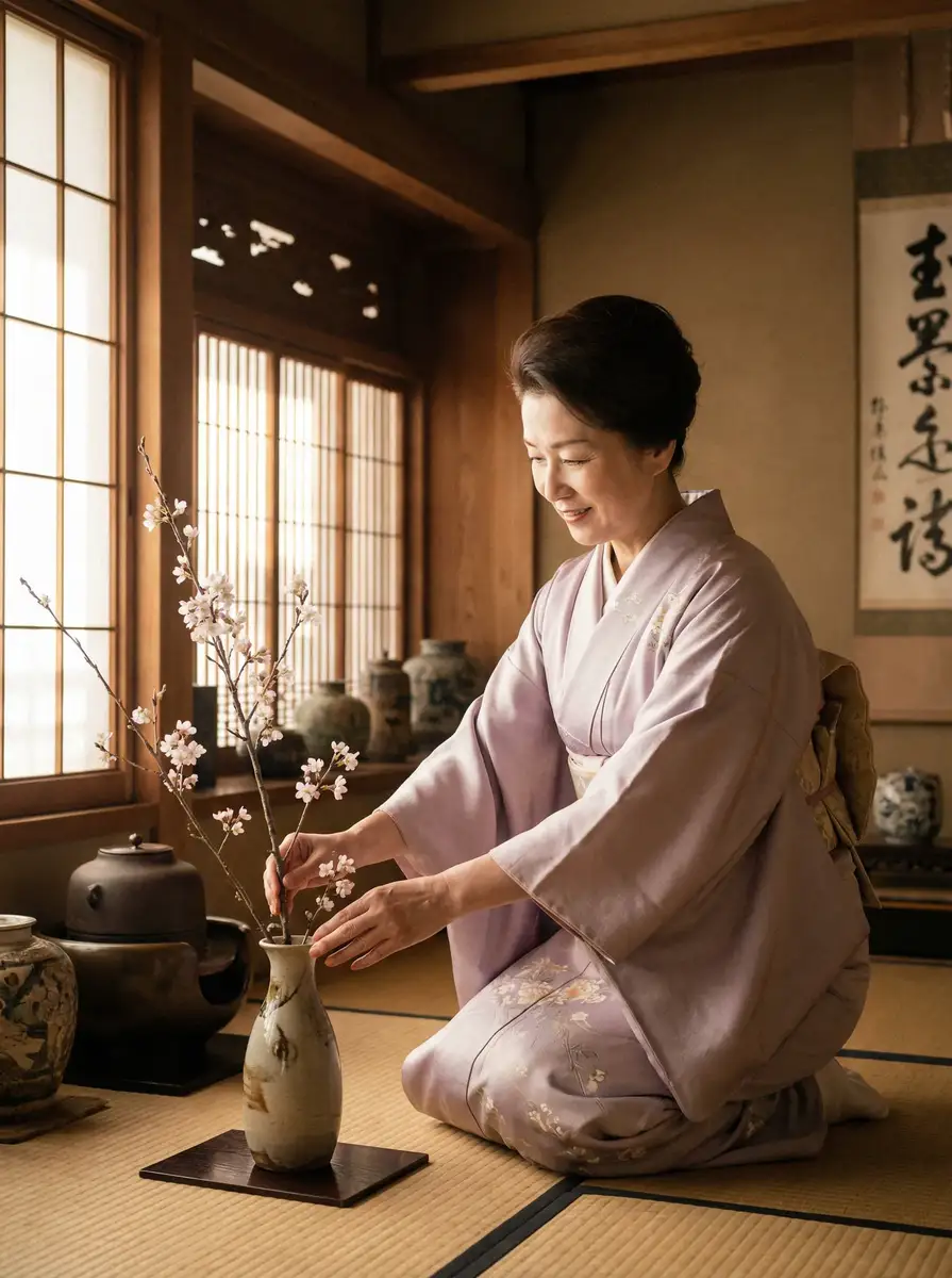 一位优雅的 今日吃瓜 - 今日吃瓜与网友热议汇总 在和室中插花